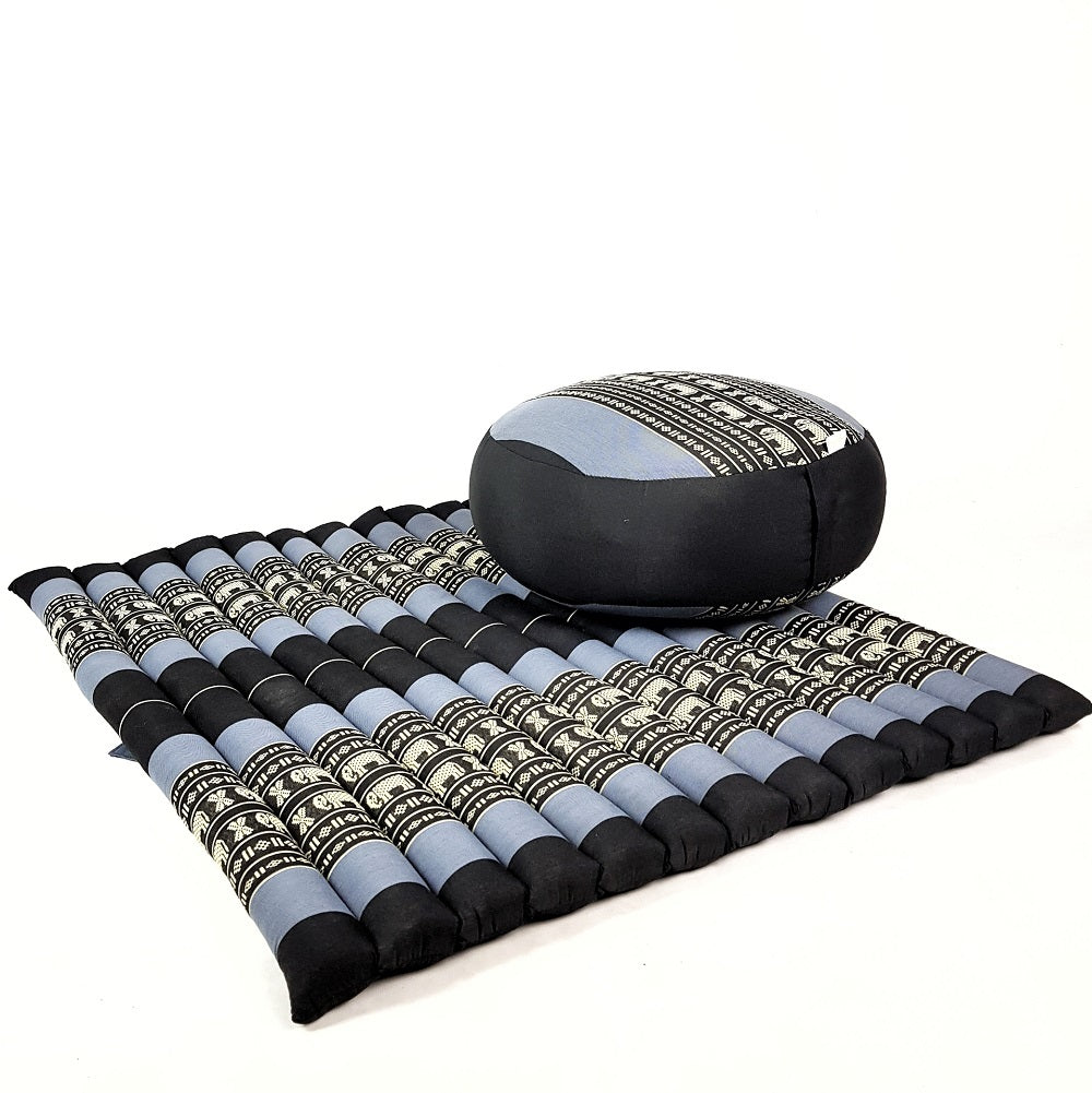Thai Meditation Cushion Set - Zafu & Zabuton, 100% Organic Kapok, Blue/Elephant