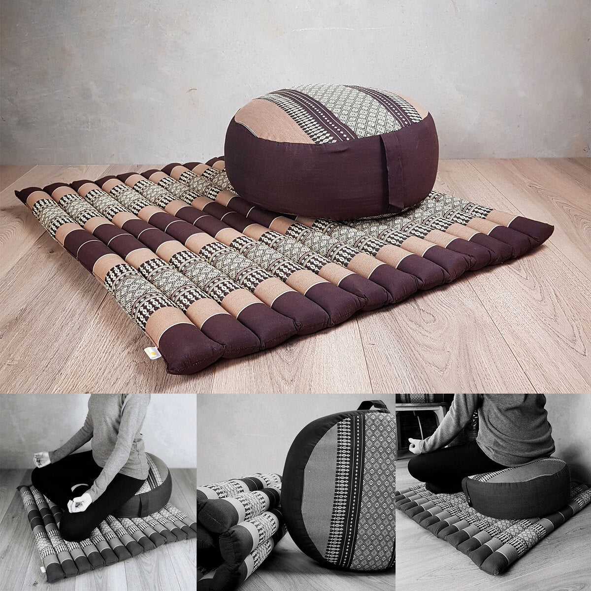 Thai Meditation Cushion Set - Zafu & Zabuton, 100% Organic Kapok, Foldable, Brown
