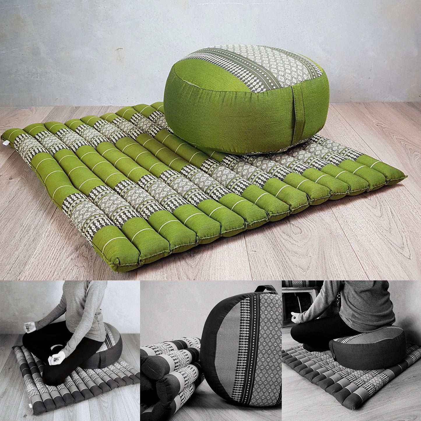 Thai Meditation Cushion Set - Zafu & Zabuton, 100% Organic Kapok, Foldable, Green