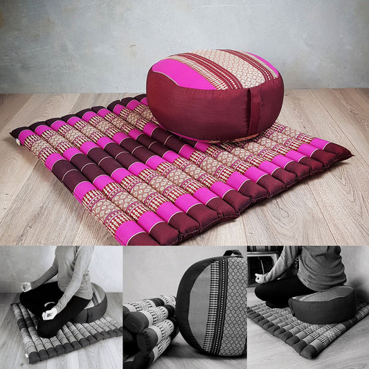 Thai Zafu & Zabuton Meditation Cushion Set - 100% Organic Kapok, Pink, Foldable, 40cm Round, 80x70cm Mat
