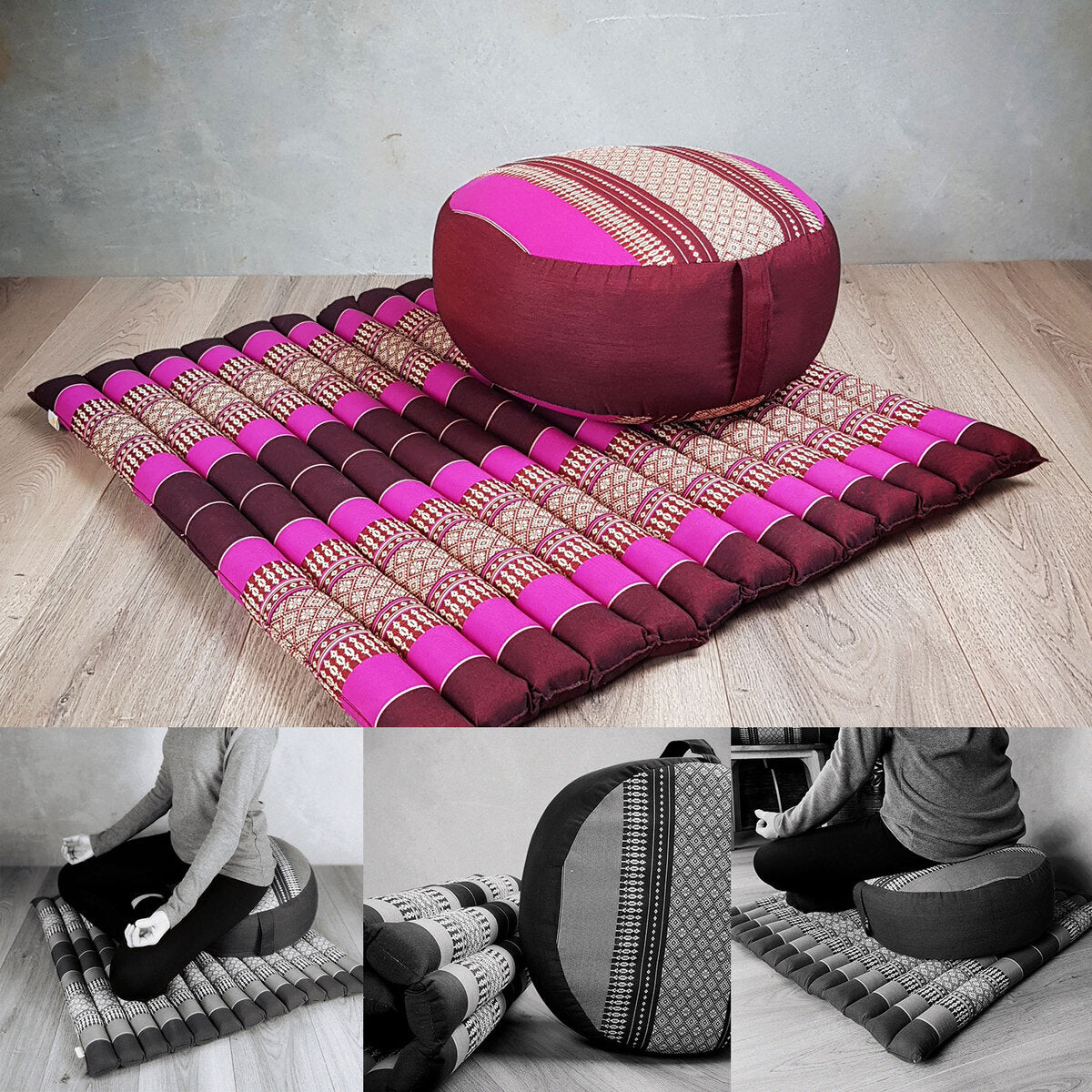 Thai Zafu & Zabuton Meditation Cushion Set - 100% Organic Kapok, Pink, Foldable, 40cm Round, 80x70cm Mat