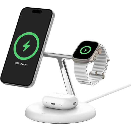 Belkin BoostCharge PRO 3-in-1 Qi2 15W Wireless Charger Stand MagSafe 2024 Model - White