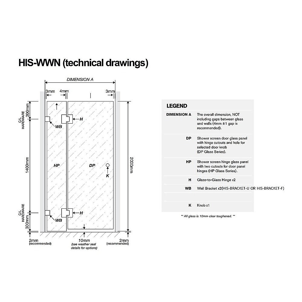 100x80cm Corner Frameless Shower Screen with Chrome Channel and Brass Hinges, Round Handle