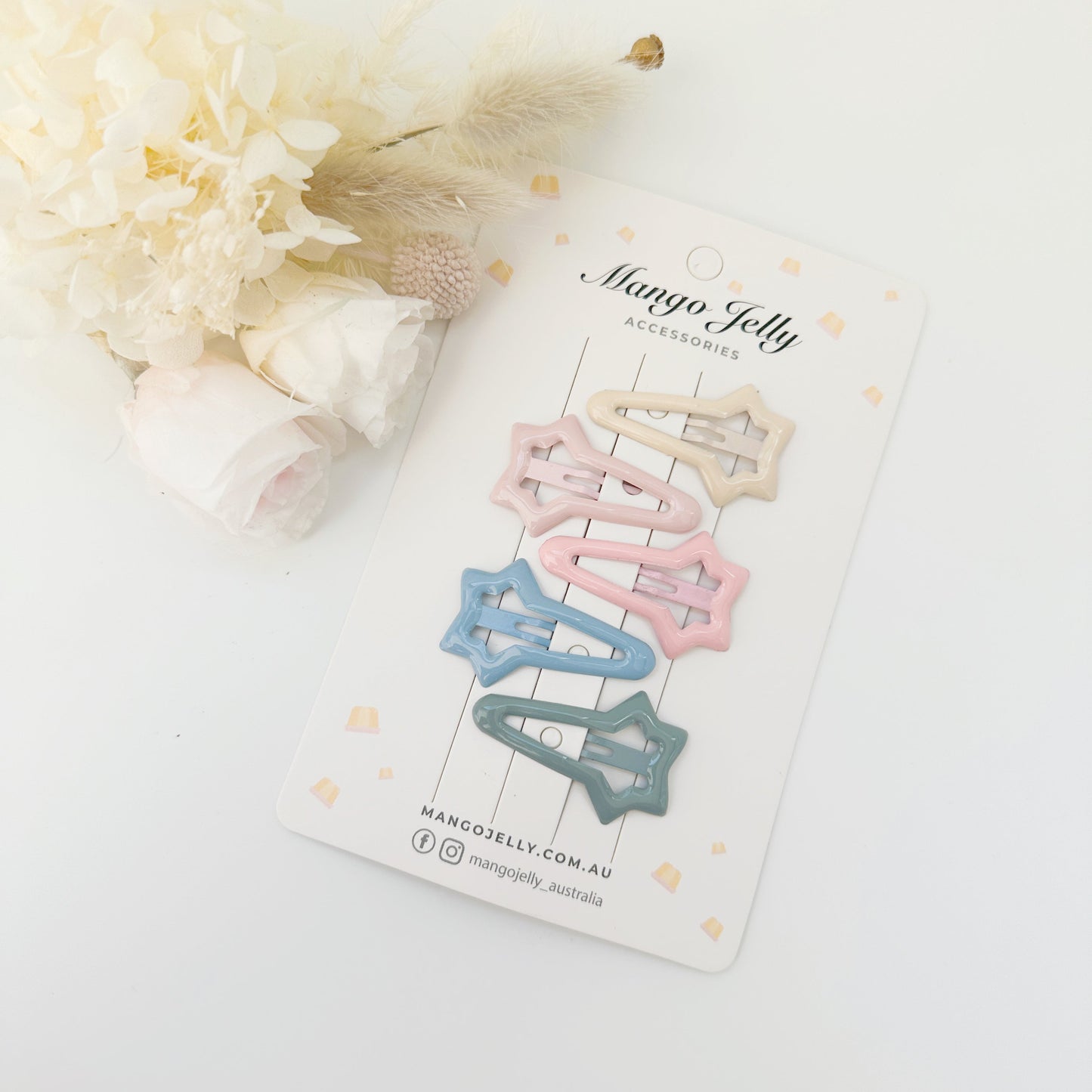 MANGO JELLY Butter Cream Hair Clips - Ice Cream Shooting Stars, 5 Snap Clips, Non-Slip, 10 Colors, All Ages