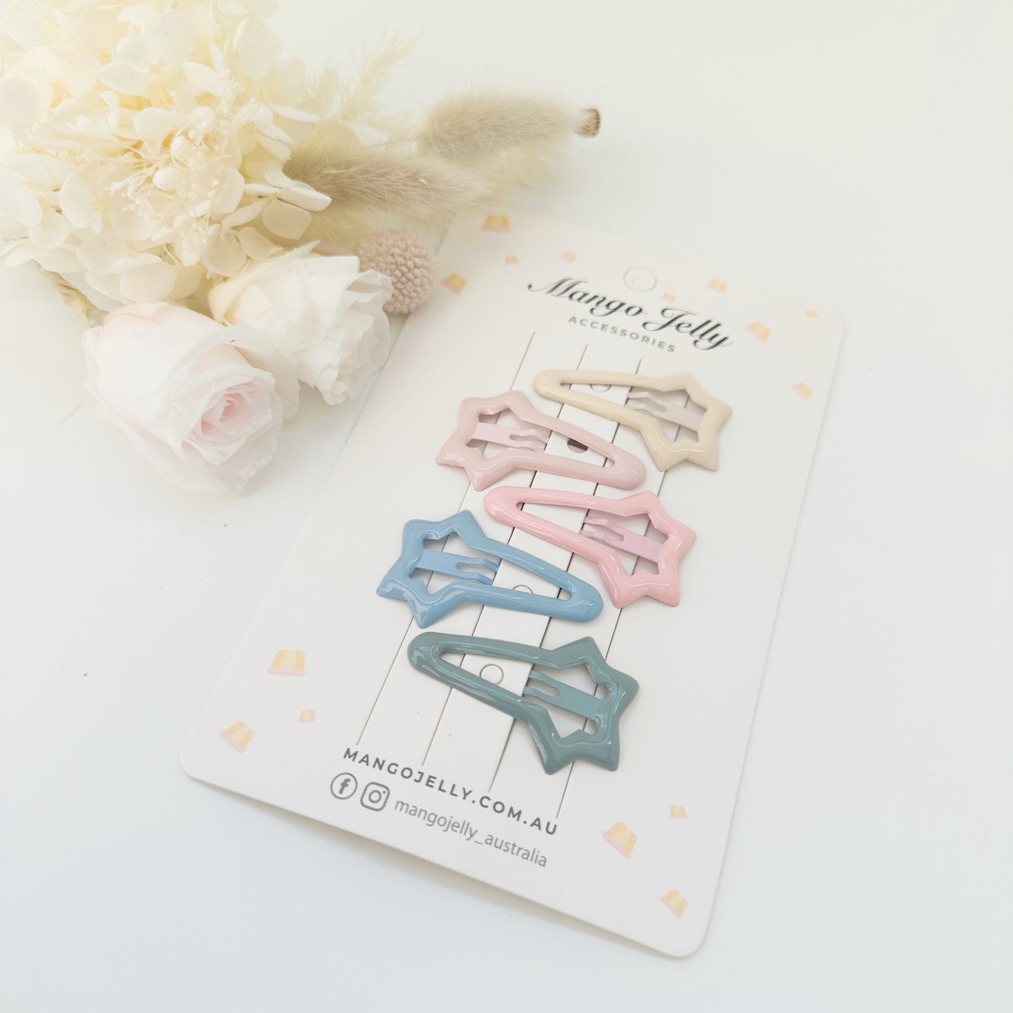 MANGO JELLY Butter Cream Hair Clips - Ice Cream Shooting Stars, 5 Snap Clips, Non-Slip, 10 Colors, All Ages
