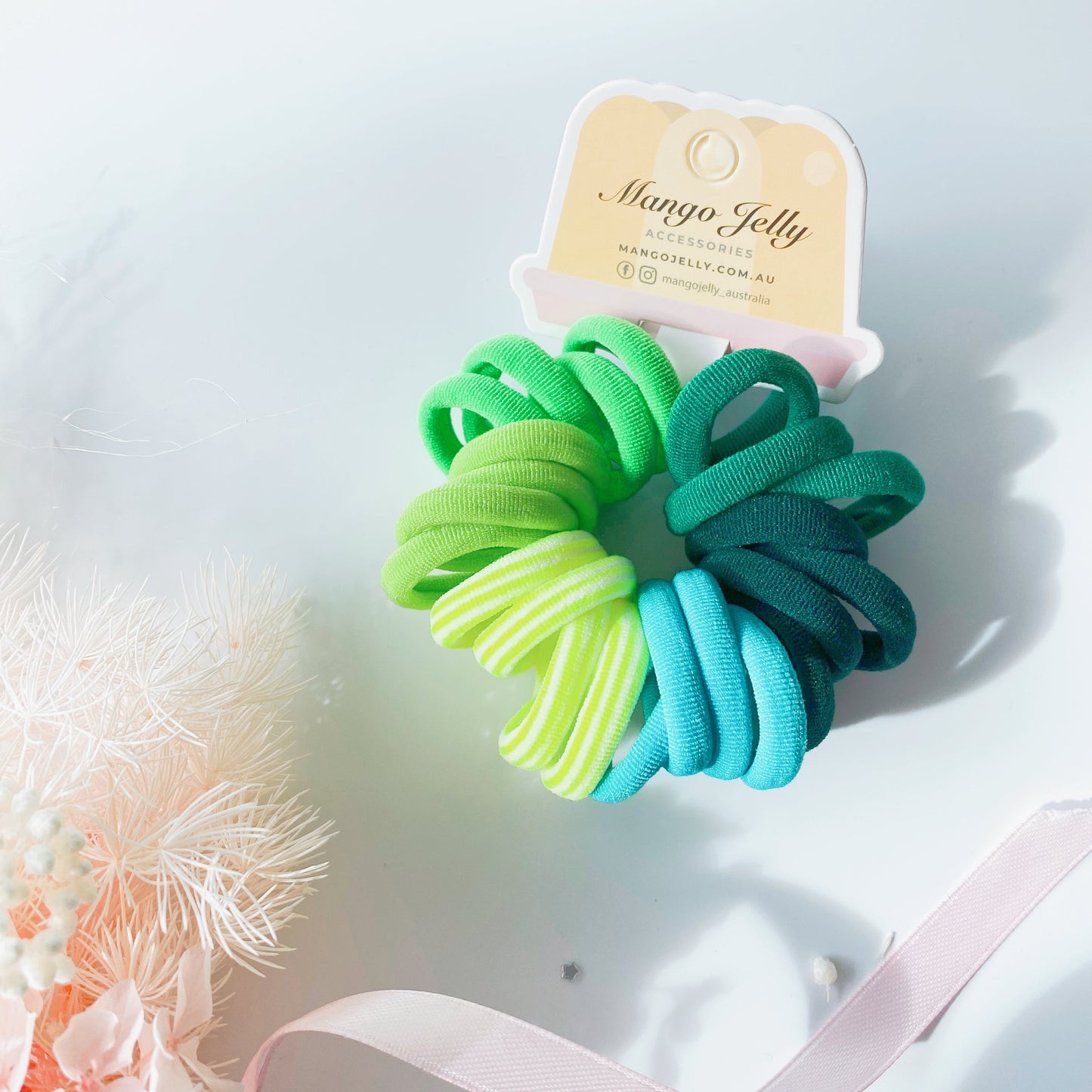 MANGO JELLY Metal Free Hair Ties 3cm Green 24P - Three Pack, Super Soft & Stretchy, Mixed Colours