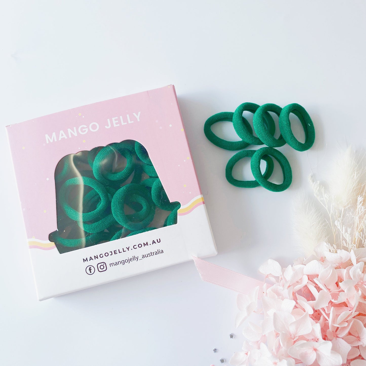 MANGO JELLY Metal Free Hair Ties 36P Green - 3cm School Colours, Super Soft, 6 Pack