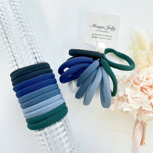 MANGO JELLY Metal Free Hair Ties 4.5cm Blue Mixed 10P - Super Soft & Stretchy