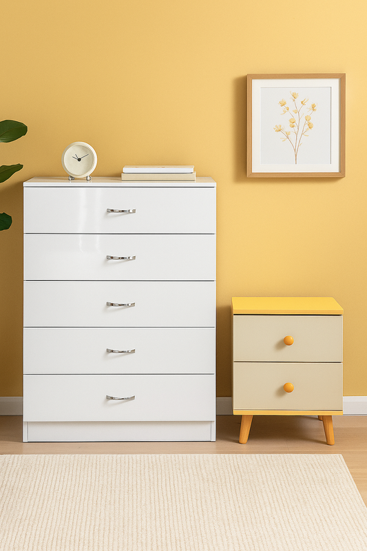 NNECN 5 Layer White Drawer Chest Storage with Bedside Table