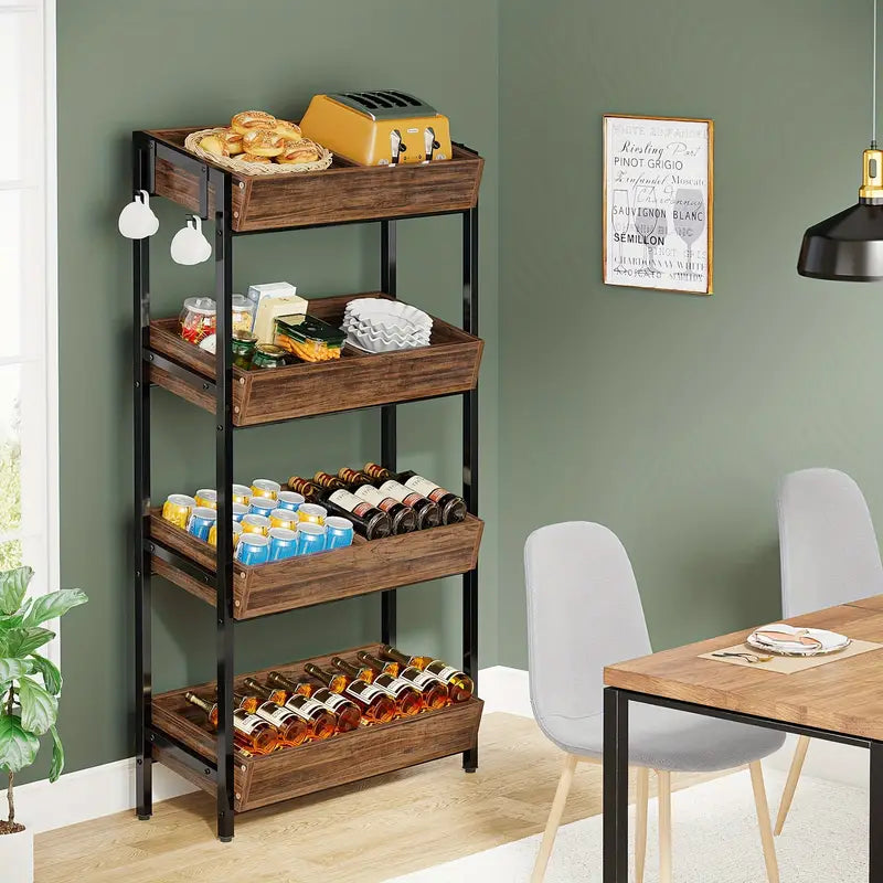 NNETMLT 4-Tier Wood Snack Rack Basket, Vintage Brown, Farmhouse Style, 29''W x 12''D x 55''H, 220 lbs Capacity