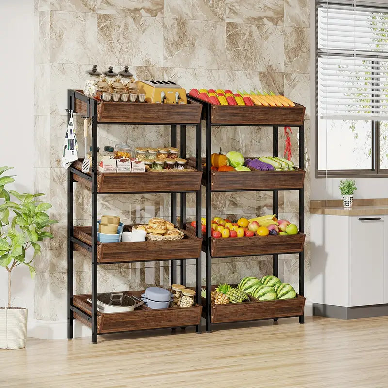 NNETMLT 4-Tier Wood Snack Rack Basket, Vintage Brown, Farmhouse Style, 29''W x 12''D x 55''H, 220 lbs Capacity