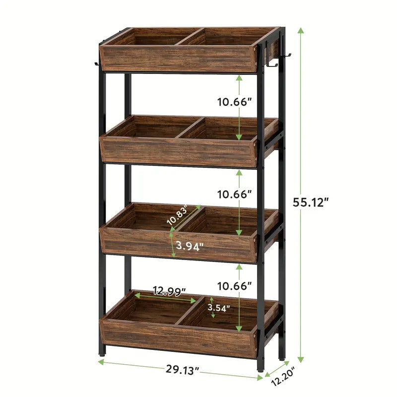 NNETMLT 4-Tier Wood Snack Rack Basket, Vintage Brown, Farmhouse Style, 29''W x 12''D x 55''H, 220 lbs Capacity