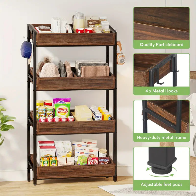 NNETMLT 4-Tier Wood Snack Rack Basket, Vintage Brown, Farmhouse Style, 29''W x 12''D x 55''H, 220 lbs Capacity