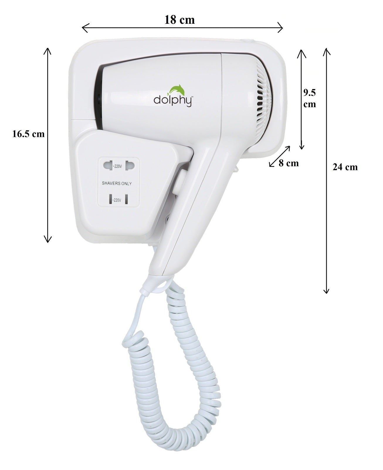Dolphy Wall-Mounted Hair Dryer 1200W White, ABS, Dual Voltage, Low Noise, Fast Drying, IPX1