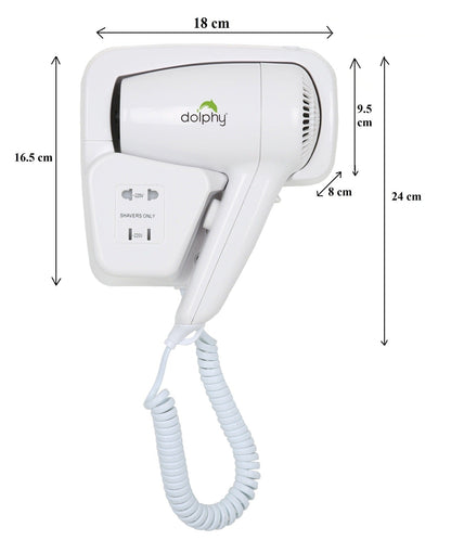 Dolphy Wall-Mounted Hair Dryer 1200W White, ABS, Dual Voltage, Low Noise, Fast Drying, IPX1