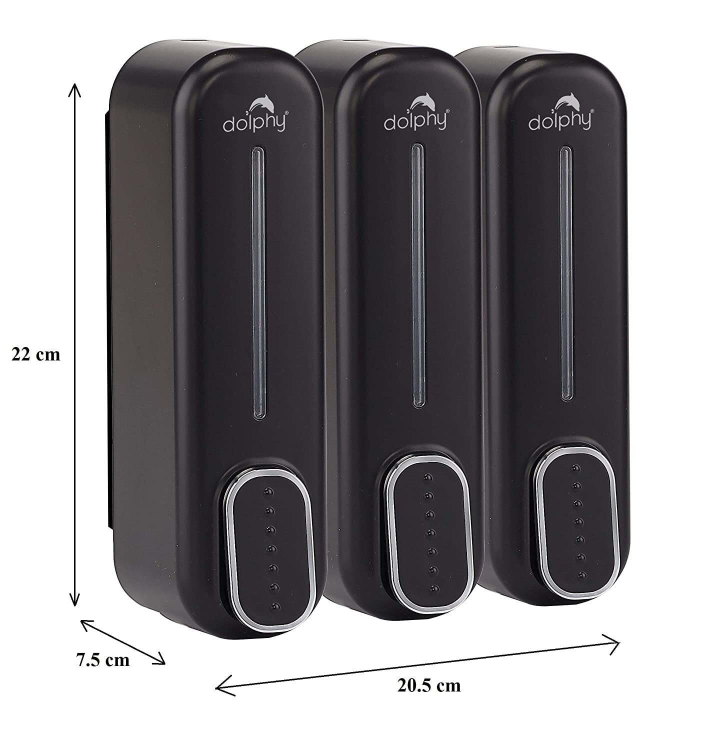 Dolphy Manual Soap Dispenser 300ml Pack of 3 - Black, ABS Plastic, Wall Mount, Easy Refill