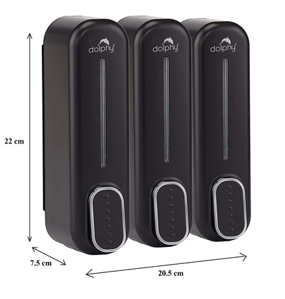 Dolphy Manual Soap Dispenser 300ml Pack of 3 - Black, ABS Plastic, Wall Mount, Easy Refill