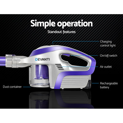 Devanti Stick Vacuum Cleaner Bagless Cordless 150W Purple - Variant 2