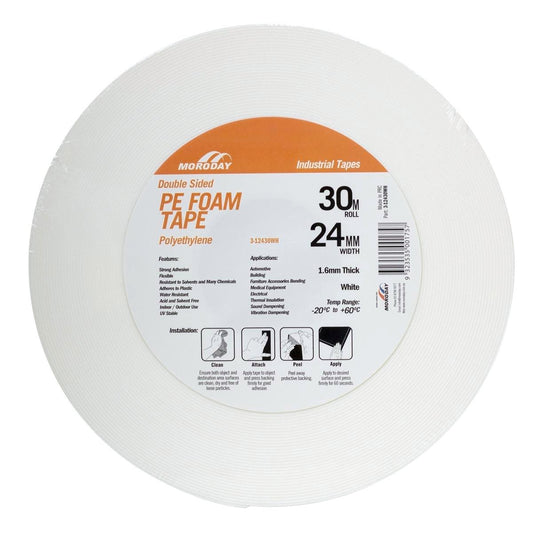 Moroday Double Sided Foam Tape - 24mm x 30m - Polyethylene - Strong Adhesion