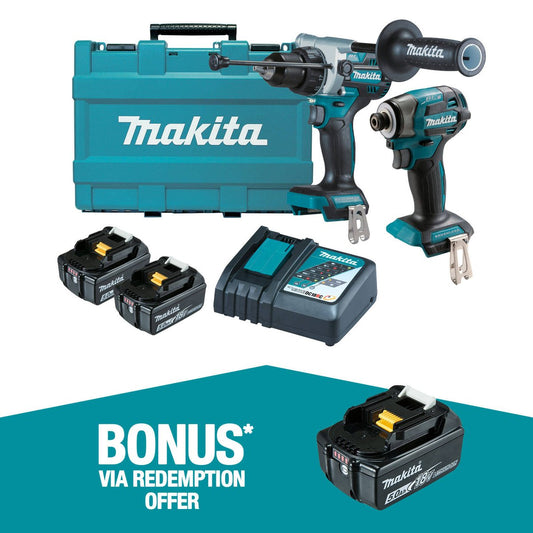 Makita 18V 2 Piece Combo Kit DLX2516T - Hammer Drill & Impact Driver - 2 x 5.0Ah Batteries - Carry Case - 500mm x 370mm x 140mm