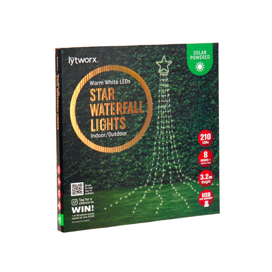 Lytworx Warm White Solar USB Star Waterfall Lights - 210 LEDs - 3.2m - Auzzistore