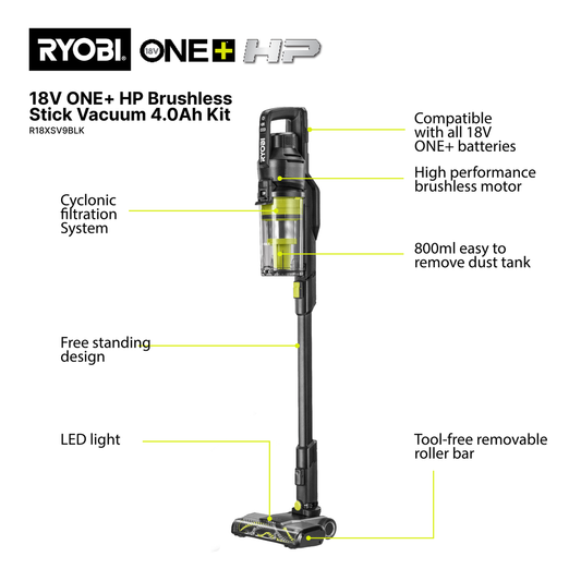 Ryobi 18V ONE+ HP Brushless Stick Vacuum 4Ah Kit - 800ml - Black - Cyclonic Filtration – view 2