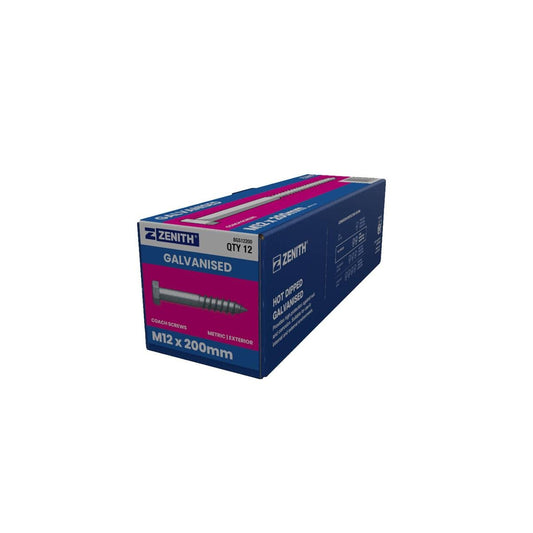 Zenith Hex Head Coach Screws - M12 x 200mm - Hot Dipped Galvanised - Auzzistore