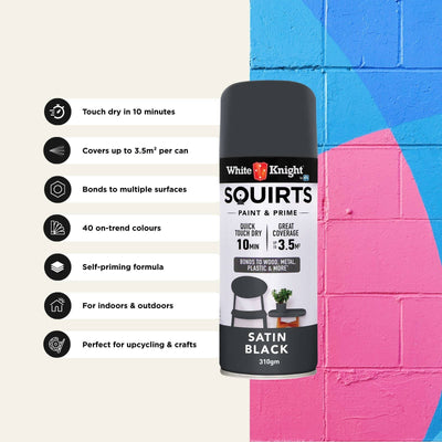 White Knight Squirts Black Satin Spray Paint 310g Solvent Based Durable