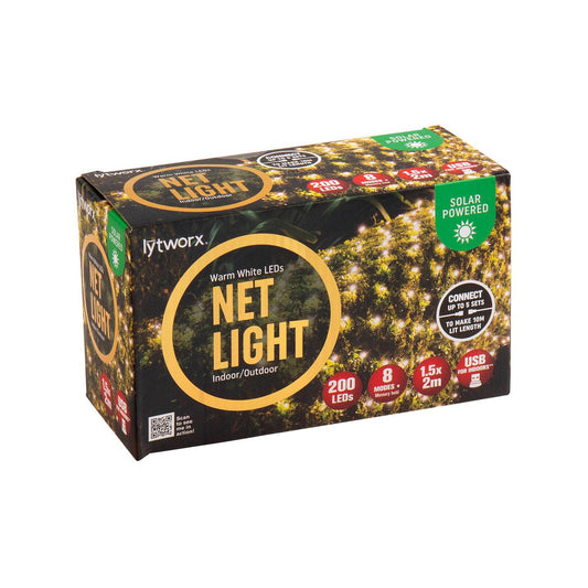 Lytworx Warm White Solar USB Connectable Net Lights 1.5m x 2m - 200 LEDs - Weather Resistant - Auzzistore