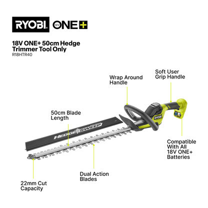 Ryobi 18V ONE+ Hedge Trimmer - 50cm - Tool Only - Clean Cuts - 22mm Capacity