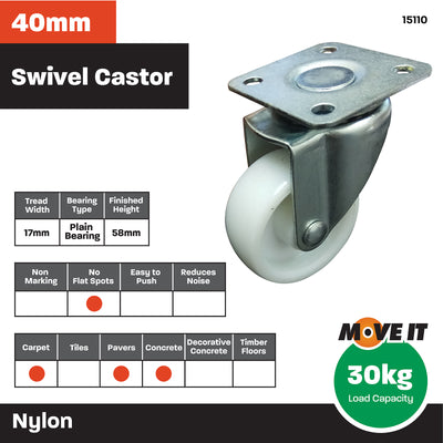 Move It 40mm White Plastic Heavy Duty Swivel Castor - Durable - Low Maintenance - Smooth Rolling
