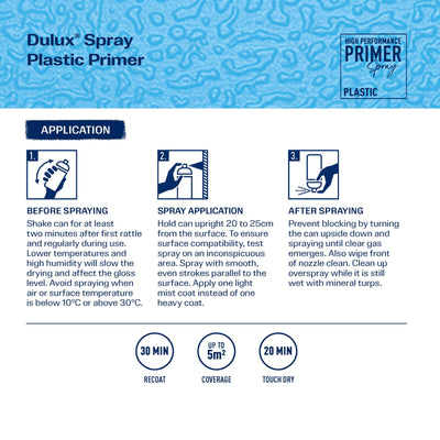 Dulux Spray Paint Plastic Primer 300g - Quick Drying - 0.3L - 2m² Coverage