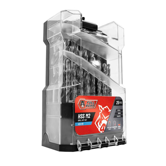 Full Boar 25 Piece HSS M2 Drill Bit Set - 135-Degree Split Point - Durable - Auzzistore