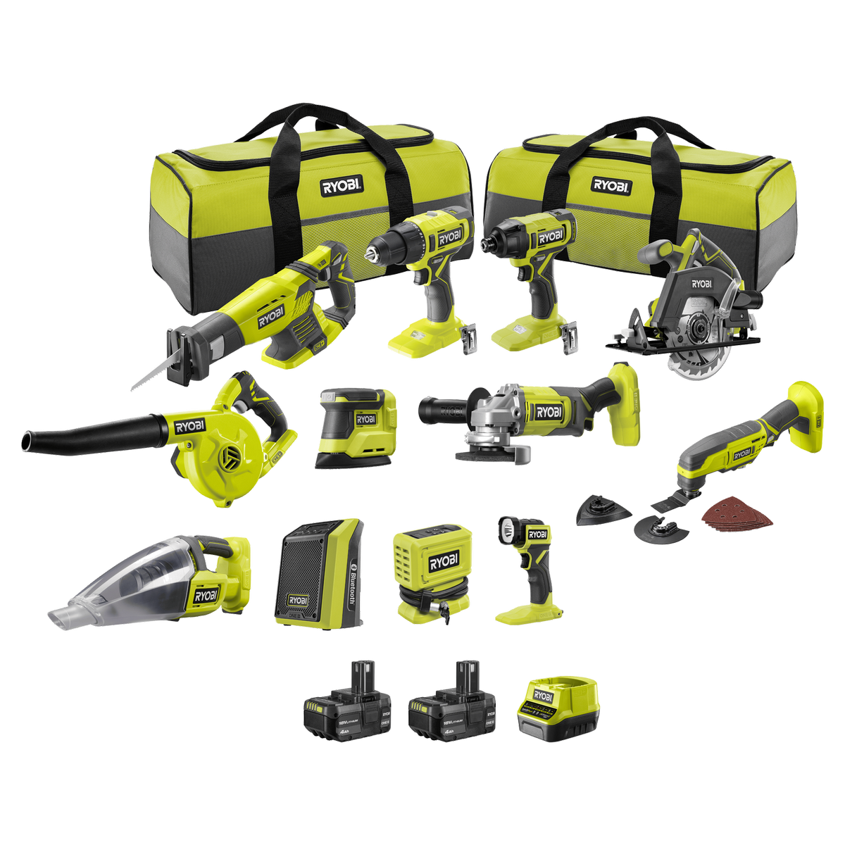 Ryobi 18V ONE+ 12 Piece 4Ah Kit - 350mm x 445mm x 615mm - Versatile Toolset