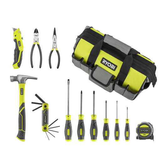 Ryobi Homeowners Hand Tools Kit - 12 Piece - 355mm Tool Bag - DIY Essential