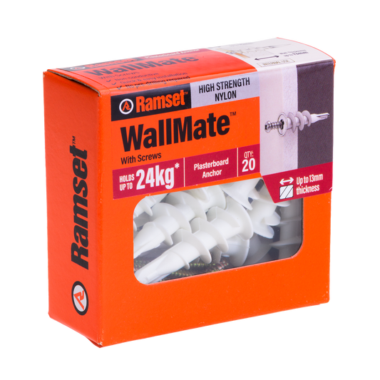 Ramset Nylon Wallmate Plasterboard Anchor with Screws 20 Pack - 75mm x 70mm - Easy Installation - Non-Conductive - Auzzistore