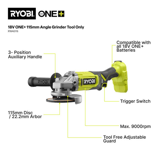Ryobi 18V One Angle Grinder Tool Only - 115mm - Cutting & Grinding – view 2 - Auzzistore