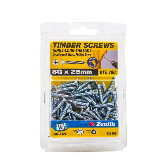 Zenith Hinge Long Thread Screws 8g x 25mm Zinc Plated 100 Pack - Auzzistore