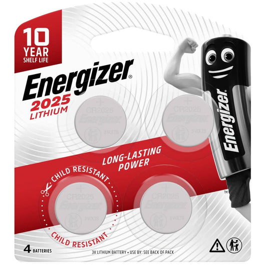 Energizer 2025 Lithium Coin Battery 4 Pack - 90mm x 99mm - Silver - Long-lasting Power