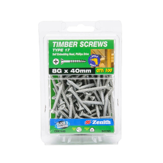 Zenith Timber Screws 8g x 40mm Galvanised Type 17 100 Pack - Auzzistore