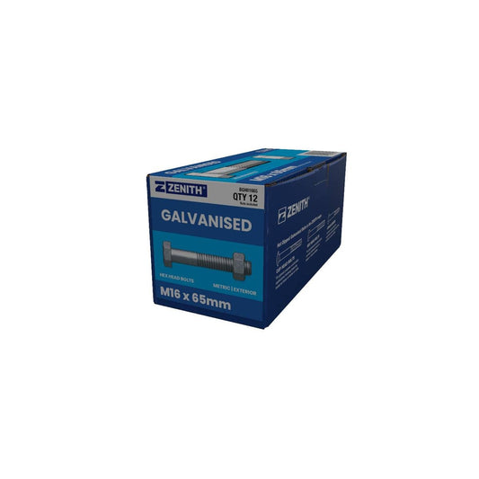 Zenith M16 x 65mm Hot Dip Galvanised Hex Head Bolts and Nuts 12 Pack - Auzzistore