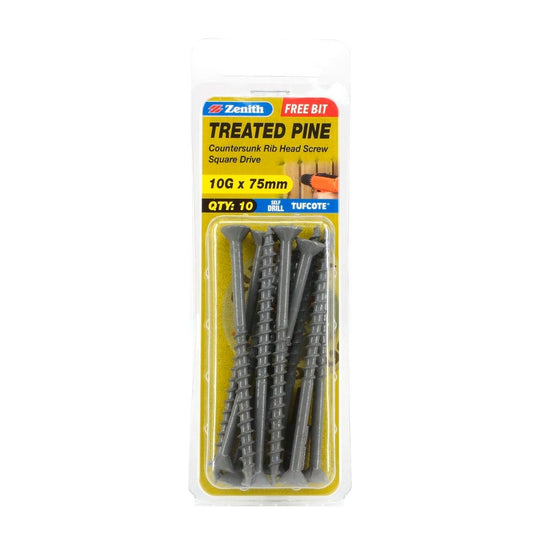Zenith Treated Pine Screws - 10g x 75mm - Carbon Steel - Tufcote - Auzzistore