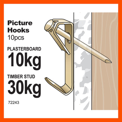 Everhang 30kg Brass Plated Picture Hanging Hook 10 Pack Heavy Duty
