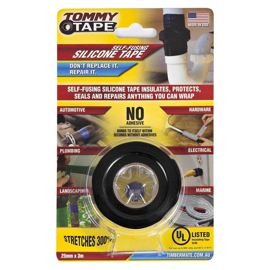 Tommy Tape Specialty Tape 25mm x 3m Black - Self-Fusing, Waterproof Seal