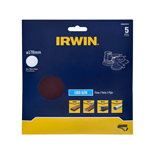Irwin 178mm 180 Grit No Holes Quick Fit Random Orbital Sanding Discs - 5 Pack - Efficient Stock Removal - Auzzistore
