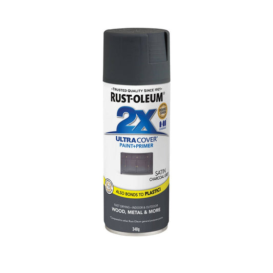 Rust Oleum 2X Ultra Cover Spray Paint - Satin Charcoal Grey 340g - 0.34L - Fast-Drying - Auzzistore