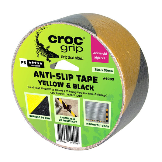 Croc Grip Anti Slip Tape - 25m x 50mm - Yellow and Black - P5 Rated - Auzzistore