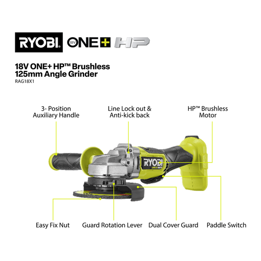 Ryobi 18V One+ HP 125mm Angle Grinder Tool Only - 9000rpm - Versatile Cutting & Grinding – view 2 - Auzzistore