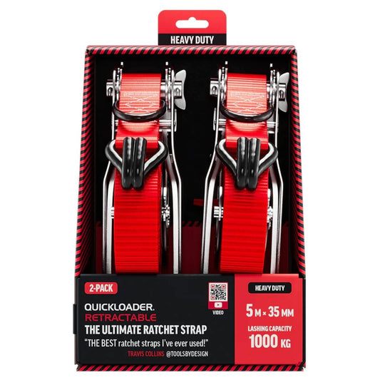 Quickloader Retractable Ratchet Strap Tie Down 5m x 35mm 1000kg - 2 Pack - Red - Heavy-Duty Cargo Securement - Auzzistore