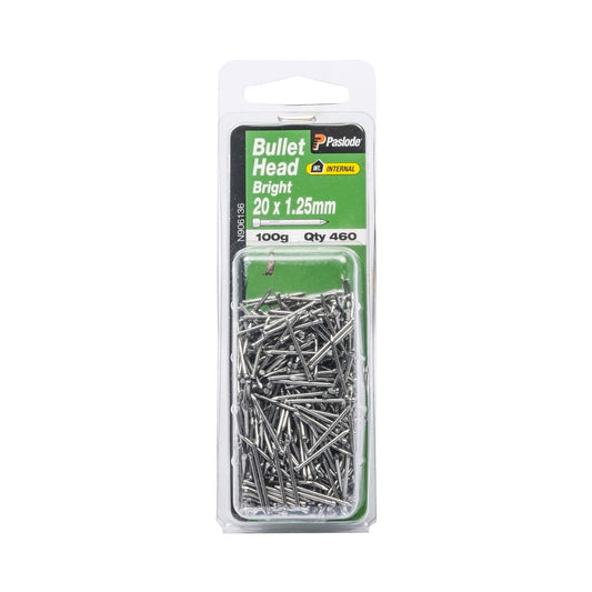 Paslode Bright Bullet Head Nails 20 x 1.25mm 460 Pack Silver Steel - Auzzistore